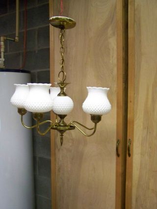 Vintage Brass & Hobnail Milk Glass Shades/globes Ceiling Swag Chandelier Light