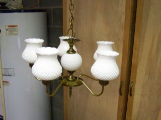 Vintage Brass & Hobnail Milk Glass Shades/Globes Ceiling Swag Chandelier Light 2