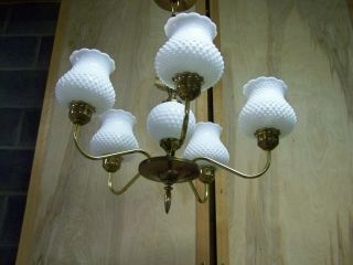 Vintage Brass & Hobnail Milk Glass Shades/Globes Ceiling Swag Chandelier Light 3