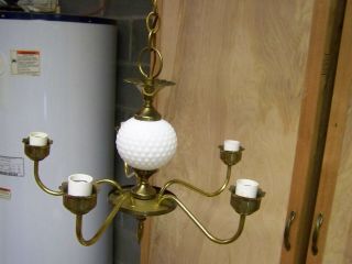 Vintage Brass & Hobnail Milk Glass Shades/Globes Ceiling Swag Chandelier Light 6