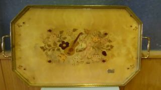 Vintage Sorrento Made In Italy Italian Inlaid Wood Flower Serving Tray Brass
