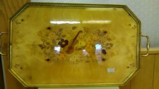 Vintage SORRENTO Made In Italy ITALIAN Inlaid WOOD Flower SERVING TRAY Brass 4