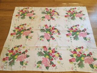 Vintage Tablecloth Wilendur 52” X 45” Pinks Florals Pears Pineapples 1950s