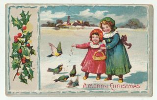 Girls In The Snow W/ Basket Feeding Birds H&b Merry Christmas Postcard 19078,
