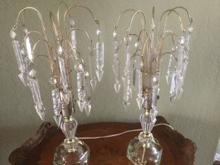 2 Vintage Deco Waterfall Electric Table Lamps With Glass Crystal Prisms -
