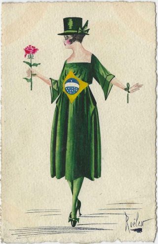 Roelen Hand Painted ? Drawn Woman In Green Vintage Postcard A/s Ragged Paper