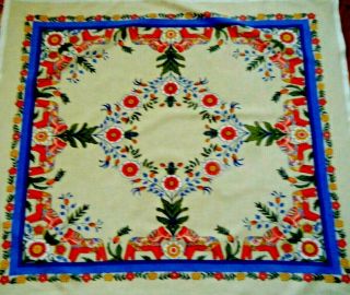 Old Vtg Tea Tablecloth Print Sweden Dala Horse Square Shape Folk Art