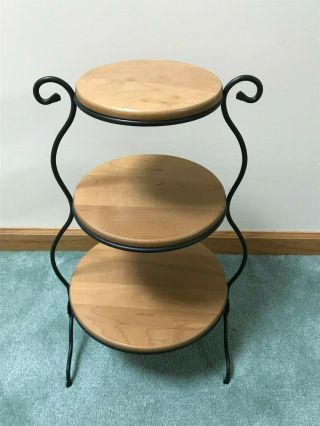 Longaberger 3 Tier Wrought Iron Mixing Bowl Stand Rack With Wood Shelves Vguc