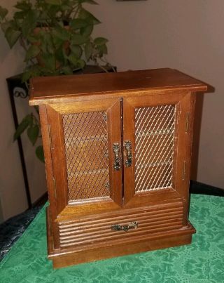 Mid Century Mod Vintage Wooden Musical Jewelry Box W/4 Drawers Double Doors