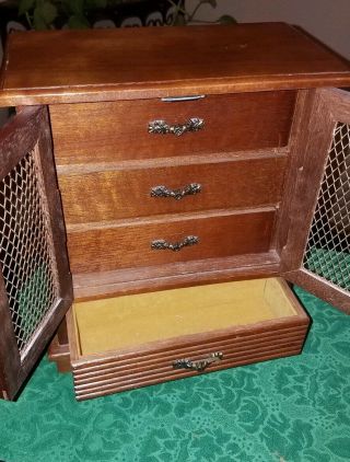 MID CENTURY MOD Vintage Wooden Musical JEWELRY BOX w/4 Drawers Double Doors 3