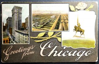 Postcard Souvenir Greetings From Chicago Majestic Building Birds Eye View Logan