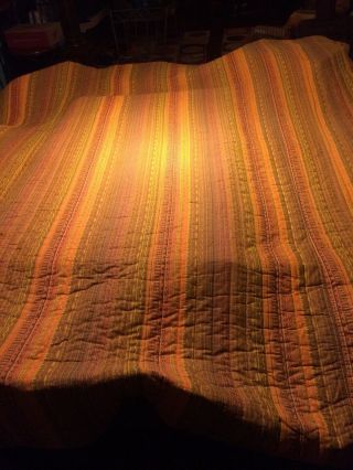 Vintage 70’s Cotton Bedspread Yellow Orange White Brown Boho 101” X 90” Queen