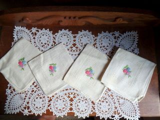 Set 4 Vintage Floral Hand Embroidered Cream Irish Linen Afternoon Tea Napkins