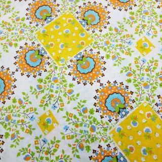 Vintage Jcpenney 72 " Round Print Tablecloth No Iron 1970s Orange Yellow Brown