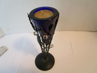 Cobalt Blue Glass Votive Candle Holder In Cone Shaped Metal Stand