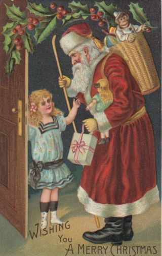 Long Robe Santa Claus With Victorian Girl Toys Antique Christmas Postcard - C792