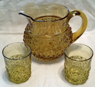 Rare 1885 Orleans Exposition Patterned Etched Amber Glass Pitcher & Tumblers