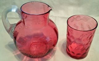 Rare 1885 Orleans Exposition Etched Cranberry Glass Pitcher & Tumbler