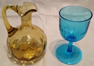 Rare 1885 Orleans Exposition Etched Amber Glass Cruet & Blue Wine Glass
