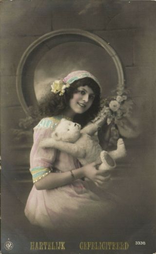 Pretty Young Lady With Her White Teddy Bear Photo Postcard 1910 