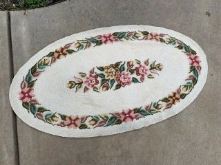 Vintage 1960’s Era Off White,  Pink & Yellow Floral Oval Hooked Rug