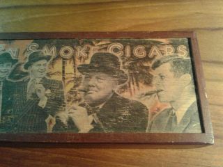 Little vintage wooden cigar box,  JFK,  Churchill,  Sinatra 
