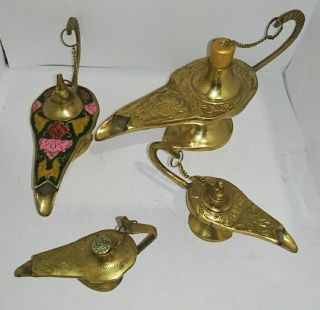Set Of 4 Vtg Brass Genie Aladdin Lamps Incense Burners Different Szs See Photos