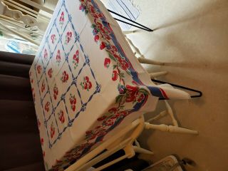 Vintage Tablecloth With Strawberries 51x43 Blue And Red