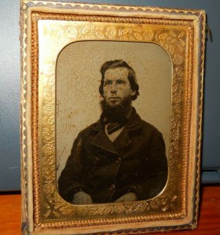 Big Quarter Plate Ambrotype Of Man With Half Case Heavy Glass Thick Mat
