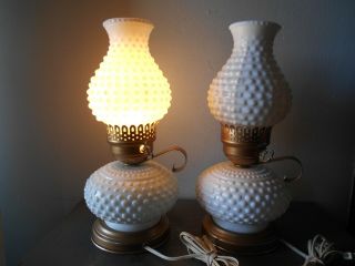 Vtg Set/2 Thick Milk Glass Hobnail Electric Vanity/table Lamps & Chimneys 3 - Way