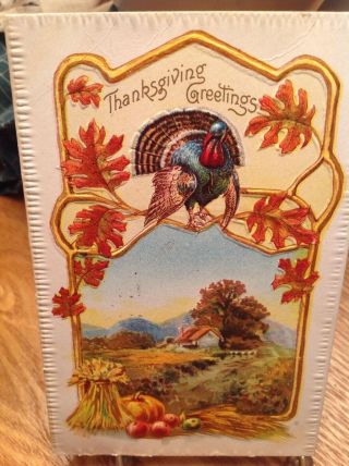 Vintage Thanksgiving Postcard Turkey Fall Leaves,  White House In Field