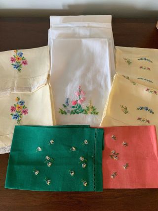 Vintage Assortment 12 Hand Embroidered Linen Tea Towels Hand Towels