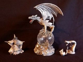 Vintage Pewter Wizard And Dragons Figurines With Crystals