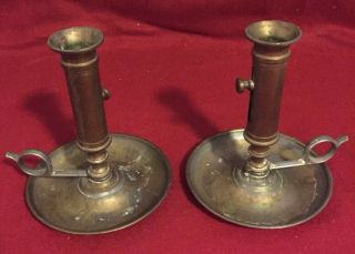 Vintage Brass Finger Loop Candle Holders With Push Up - Patina