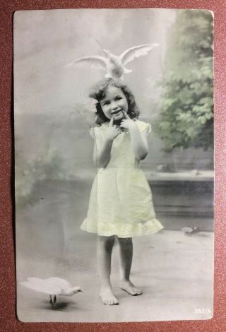 Tsarist Russia Photo Postcard 1910s Cute Girl Barefoot Model.  White Dove Pegion