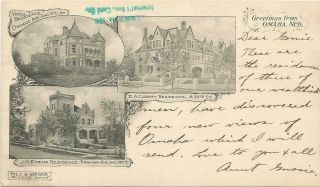Omaha,  Ne Nebraska 1902 Postcard,  Three Homes,  Evens,  Yates,  And Cudahy
