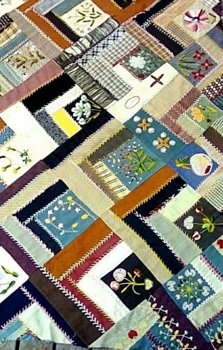 Vintage Handmade Crazy Quilt Top/ Cutter W Embroidery Work 70 " X 83 "