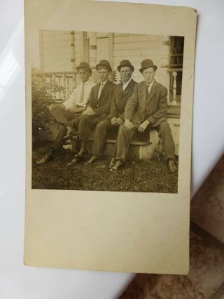 Rppc 4 Young Men Bowler Hats Looking Bored Real Photo Postcard Auburn Wi