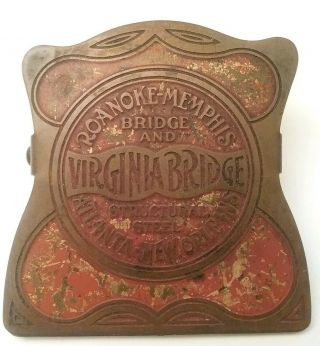 Antique Brass Advertising Metal Paper Clip,  Va & Atlanta Steel Bridge Faux Inlay