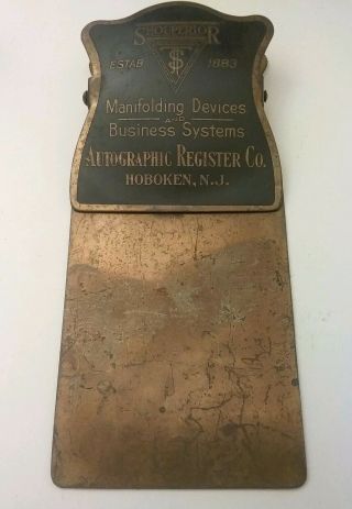 Antique Brass Advertising Etched Metal Paper Clip,  Autographic Register Co.  N.  J.