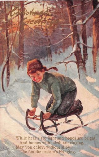 Little Boy On Sled In The Snowy Woods On Old Tuck Oilette Christmas Pc - C1768