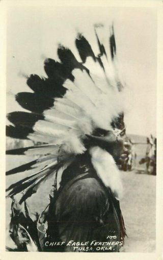 1940s Tulsa Oklahoma Chief Eagle Feathers Native American Indian Rppc Postcard