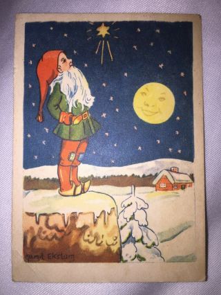 Vintage Swedish Mini Postcard Gnome Moon Stars Cabin Christmas Sweden God Jul