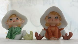 Vintage Porcelain Homco 5213 Girl Pixies Fairies Elves Figurines Pair Set Of 2