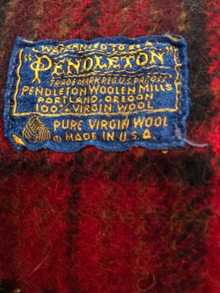 Vtg Pendleton Wool Blanket Throw Red Black Plaid Fringed 51”x 60” Virgin Wool