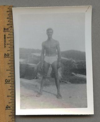 Vintage Beefcake Hazy Photo Handsome Shirtless Man Swimsuit Bulge Gay Interest