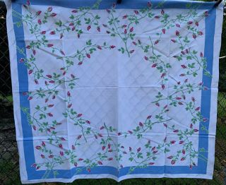 Vintage Cotton Tablecloth 40s50s Pretty Pink&red Rosebuds Floral 50 X 54