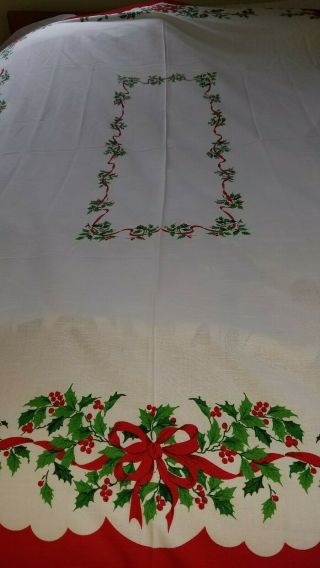 Vintage Red & Green Holly And Bows Christmas Tablecloth Festive