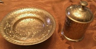 Set Of 2 Vintage Solid Brass Etched Bowl & Trinket Canister W/lid