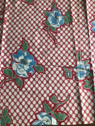 Vintage 1940s Large Blue Floral & Red Cotton Fabric